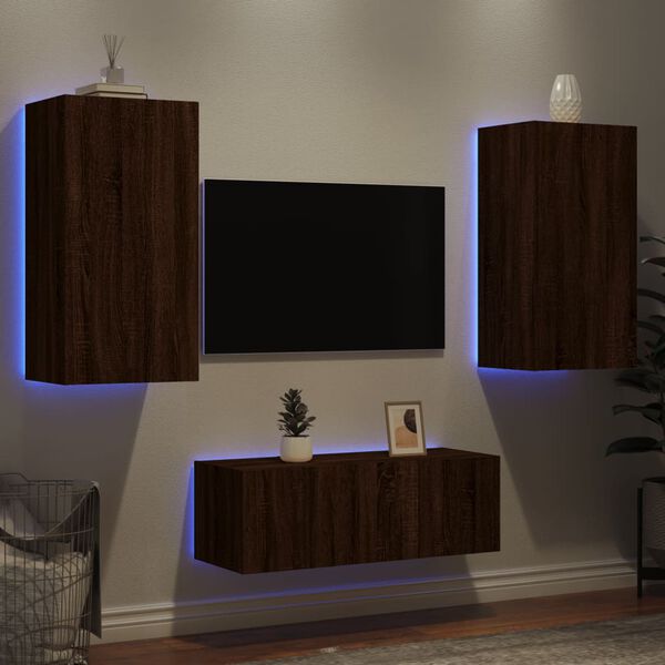 vidaXL Mobili TV a Muro con LED 4pz Rovere Marrone Legno Multistrato