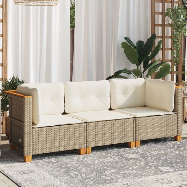 vidaXL Divano da Giardino con Cuscini a 3 Posti Beige in Polyrattan