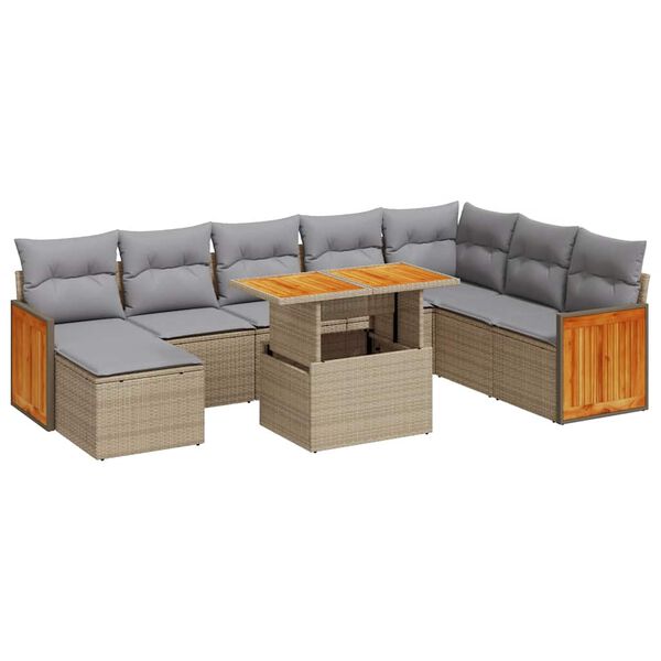 vidaXL Set Divano da Giardino 9 pz con Cuscini Beige Polyrattan Acacia