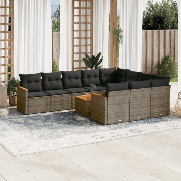 vidaXL Set Divani da Giardino 11 pz con Cuscini in Polyrattan Grigio