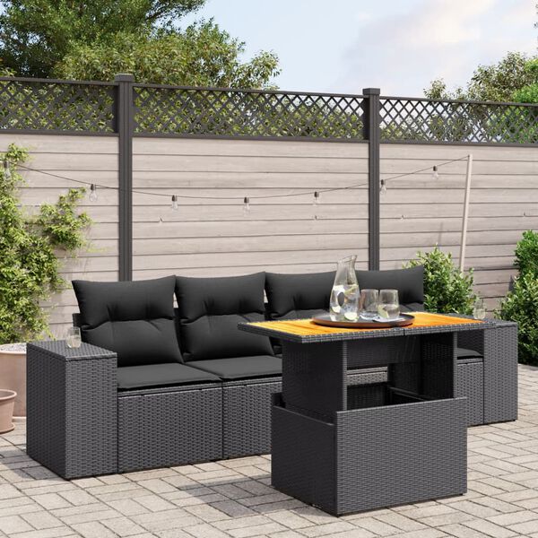 vidaXL Set Divani da Giardino 5 pz con Cuscini in Polyrattan Nero