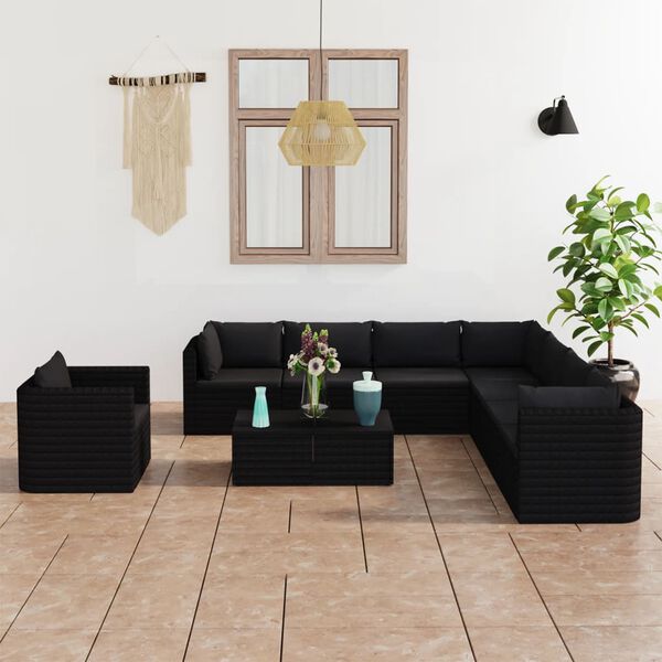 vidaXL Set Divani da Giardino 10 pz con Cuscini in Polyrattan Nero