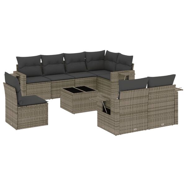vidaXL Set Divano da Giardino 9 pz con Cuscini Grigio in Polyrattan