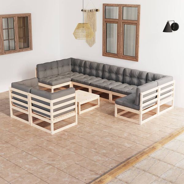 vidaXL Set Salotto Giardino 10pz Cuscini Antracite Legno Massello Pino