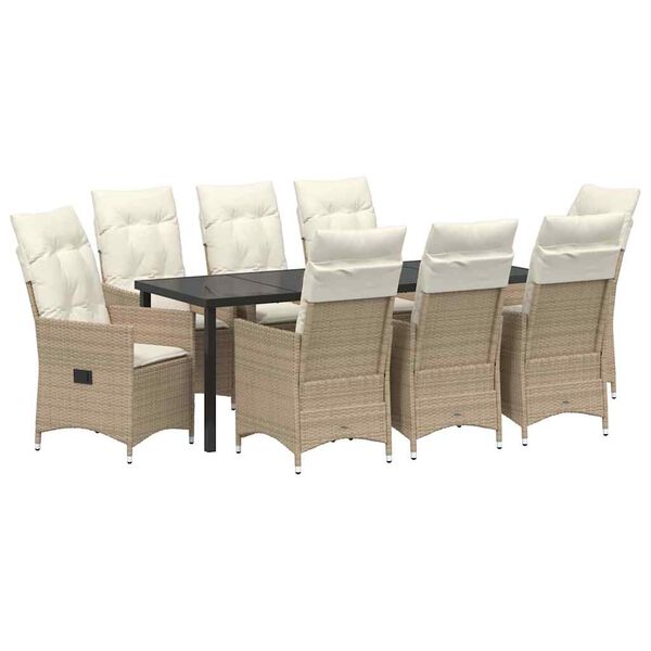 vidaXL Set da Pranzo per Giardino con cuscino 9 pcs Beige polyrattan