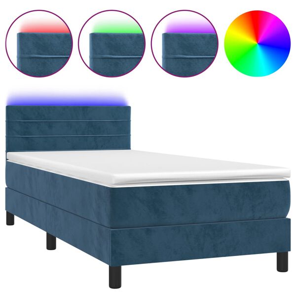 vidaXL Letto a Molle con Materasso e LED Blu Scuro 80x200cm in Velluto