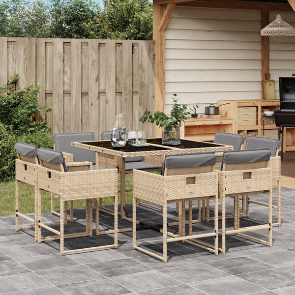 vidaXL Set Pranzo da Giardino 9 pz con Cuscini Beige Misto Polyrattan