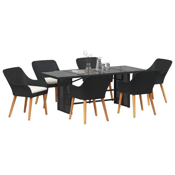 vidaXL Set da Pranzo per Giardino con cuscino 7 pcs Nero polyrattan
