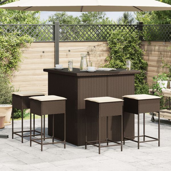 vidaXL Set Bar da Giardino 5 pz con Cuscini in Polyrattan Marrone