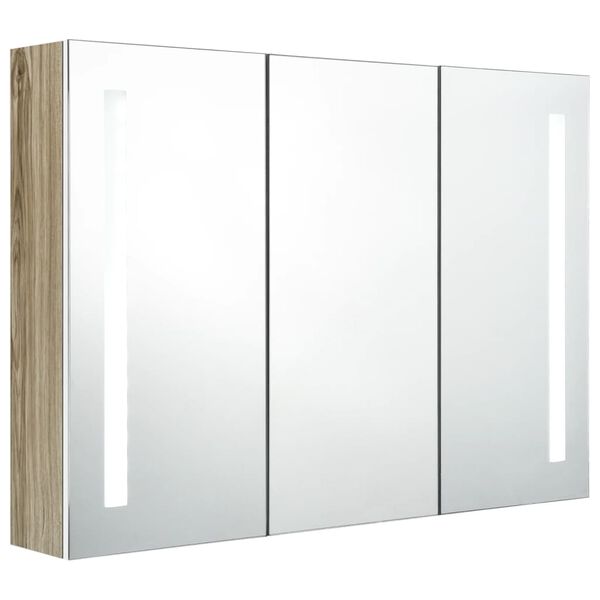vidaXL Armadietto Bagno con Specchio e LED 89x14x62 cm Bianco e Rovere