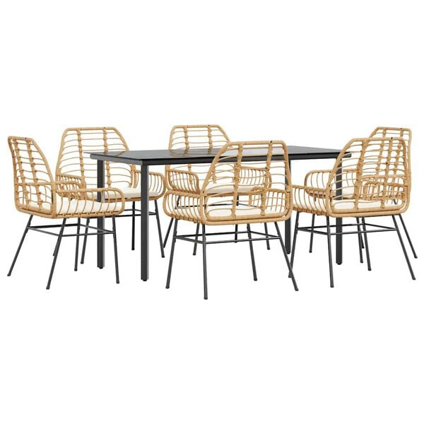 vidaXL Set Pranzo da Giardino 7pz con Cuscini Marrone Polyrattan Vetro