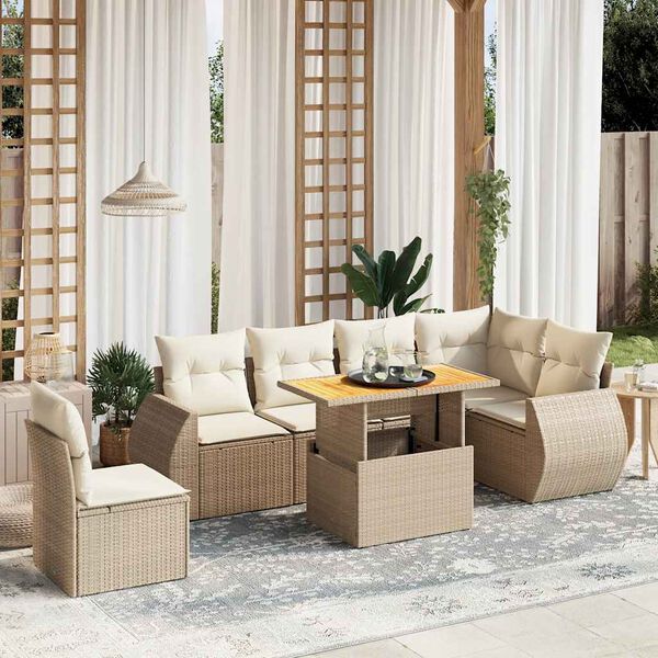 vidaXL Set Divani da Giardino 7 pz con Cuscini Beige in Polyrattan