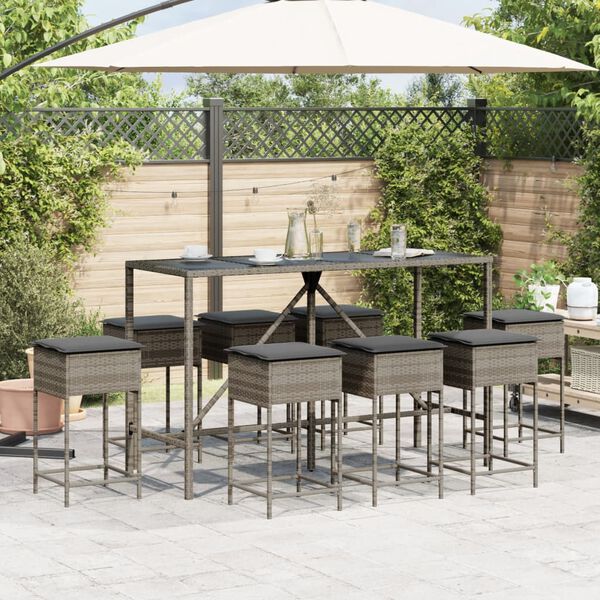 vidaXL Set Bar da Giardino 9 pz con Cuscini in Polyrattan Grigio