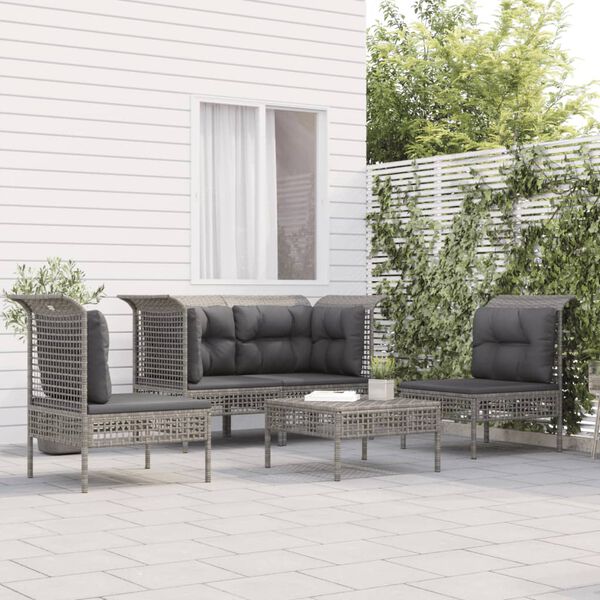 vidaXL Set Divani da Giardino 5 pz con Cuscini in Polyrattan Grigio