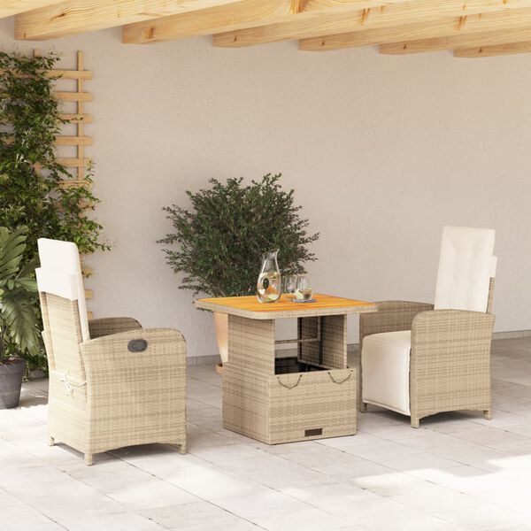 vidaXL Set da Pranzo da Giardino 3 pz con Cuscini Beige in Polyrattan