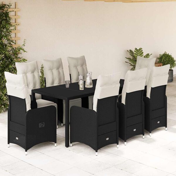 vidaXL Set Bistr&ograve; da Giardino 9 pz con Cuscini in Polyrattan Nero