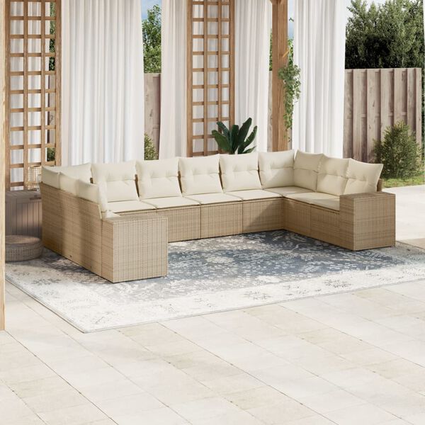 vidaXL Set Divano da Giardino 10 pz con Cuscini Beige in Polyrattan
