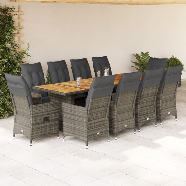 vidaXL Set Bistr&ograve; da Giardino 11 pz con Cuscini in Polyrattan Grigio