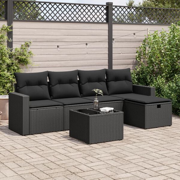 vidaXL Set Divano da Giardino 6 pz con Cuscini Nero in Polyrattan