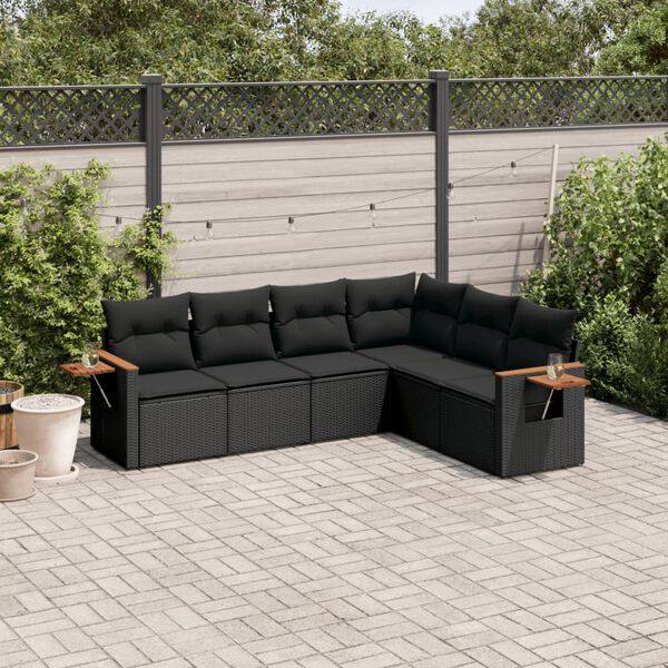 vidaXL Set Divano da Giardino 6 pz con Cuscini Nero in Polyrattan