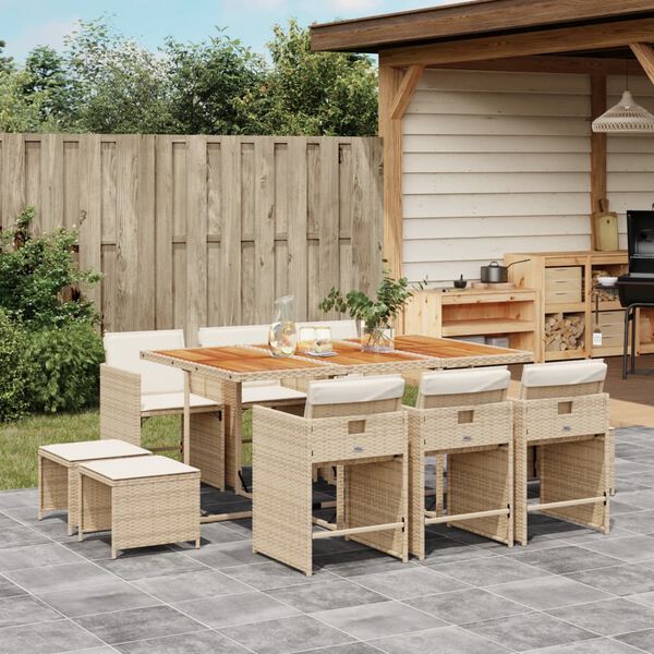 vidaXL Set da Pranzo da Giardino 11 pz con Cuscini Beige in Polyrattan