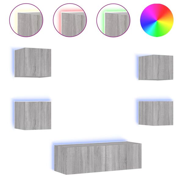 vidaXL Mobili TV a Muro 5pz con Luci LED Grigio Sonoma