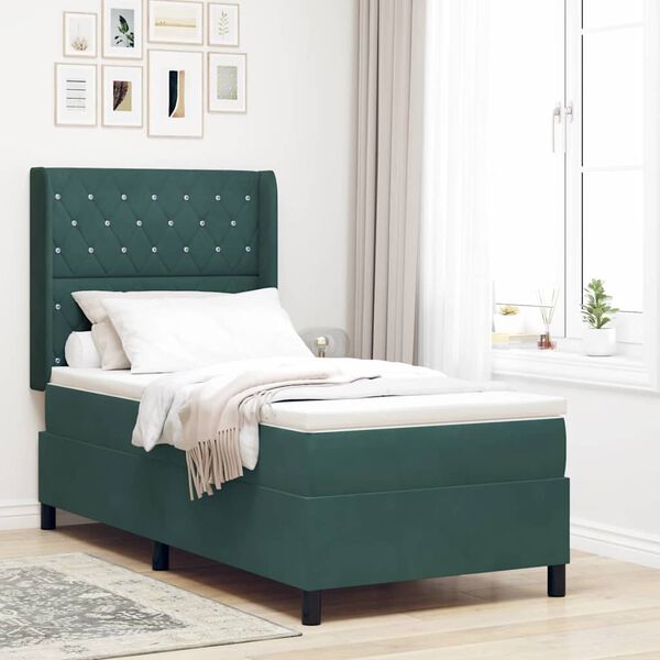 vidaXL Letto con Box Springs LED e Materasso Verde scuro 90 x 200 cm