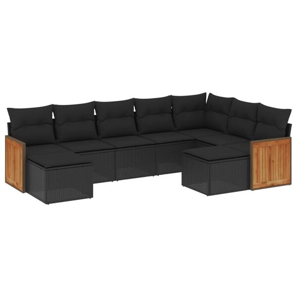 vidaXL Set Divani da Giardino 9 pz con Cuscini Nero in Polyrattan