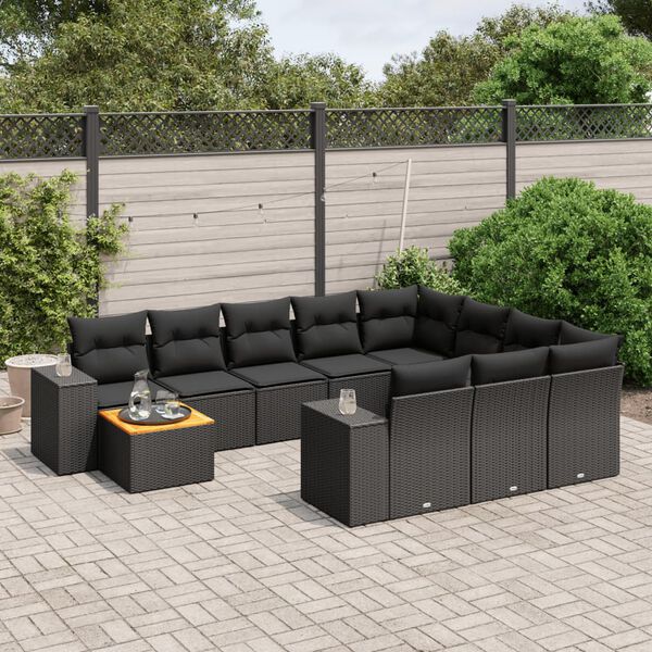vidaXL Set Divani da Giardino 11 pz con Cuscini in Polyrattan Nero