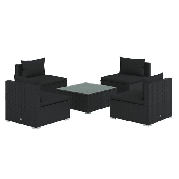 vidaXL Set Divani da Giardino 5 pz con Cuscini in Polyrattan Nero