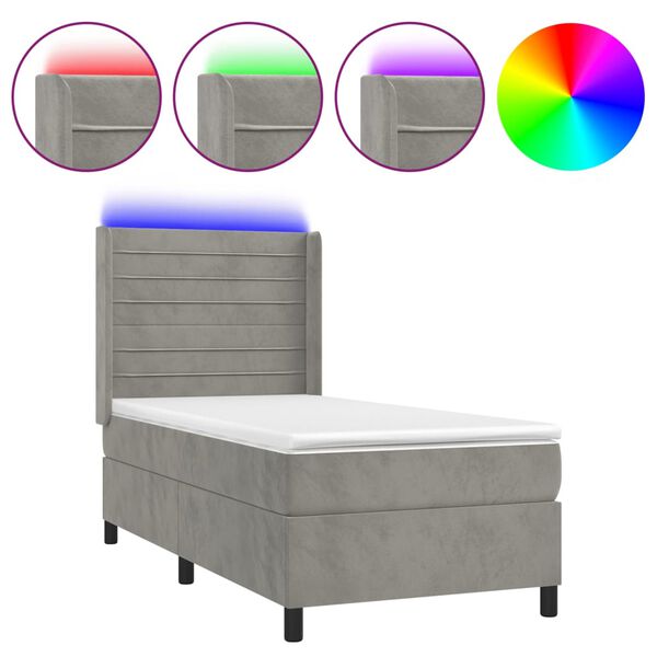 vidaXL Letto a Molle Materasso e LED Grigio Chiaro 90x190 cm Velluto