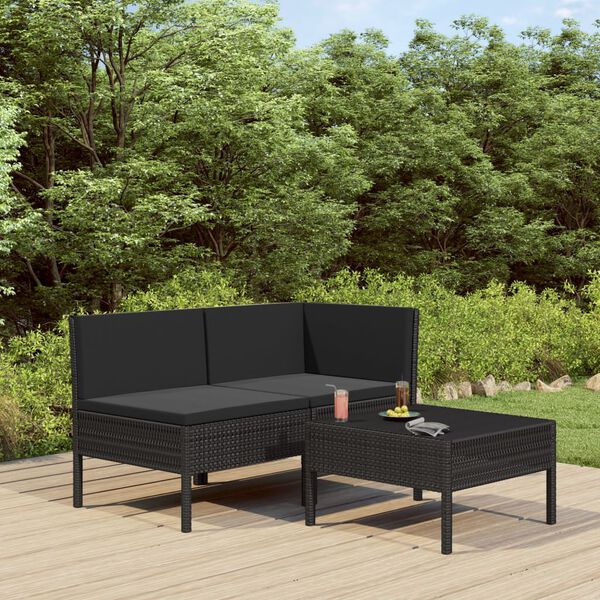 vidaXL Set Divani da Giardino 3 pz con Cuscini in Polyrattan Nero