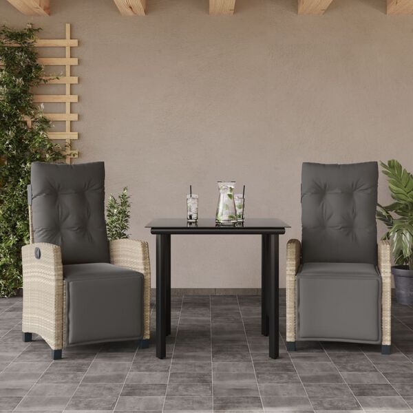 vidaXL Set Pranzo da Giardino 3pz con Cuscini Grigio Chiaro Polyrattan