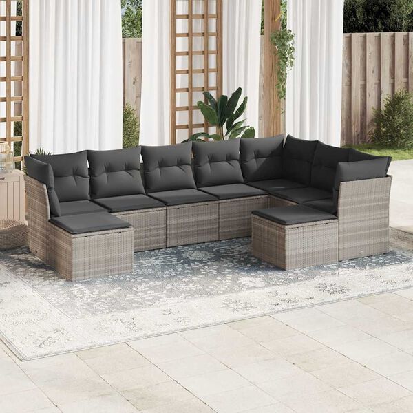 vidaXL Set Divano da Giardino 9pz con Cuscini Grigio Chiaro Polyrattan