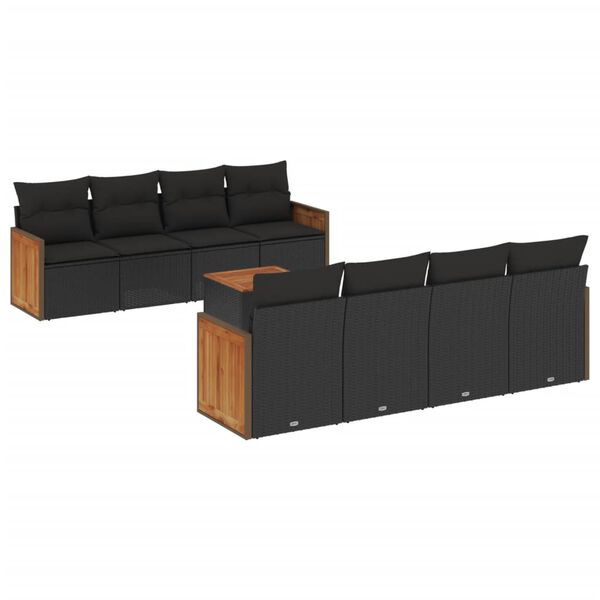 vidaXL Set Divani da Giardino 9 pz con Cuscini Nero in Polyrattan