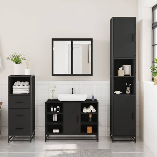 vidaXL Set Mobili da Bagno 3 pz Nero in Legno Multistrato