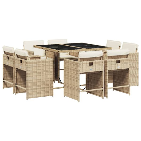 vidaXL Set da Pranzo da Giardino 9 pz con Cuscini Beige in Polyrattan