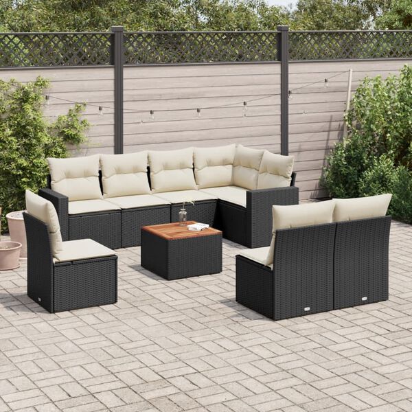 vidaXL Set Divani da Giardino 9 pz con Cuscini Nero in Polyrattan