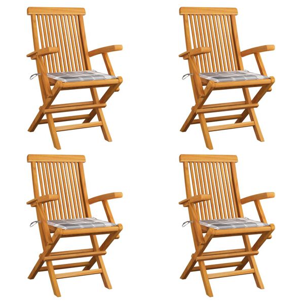 vidaXL Sedie Giardino Cuscini Motivo Quadri Grigio 4pz Massello Teak