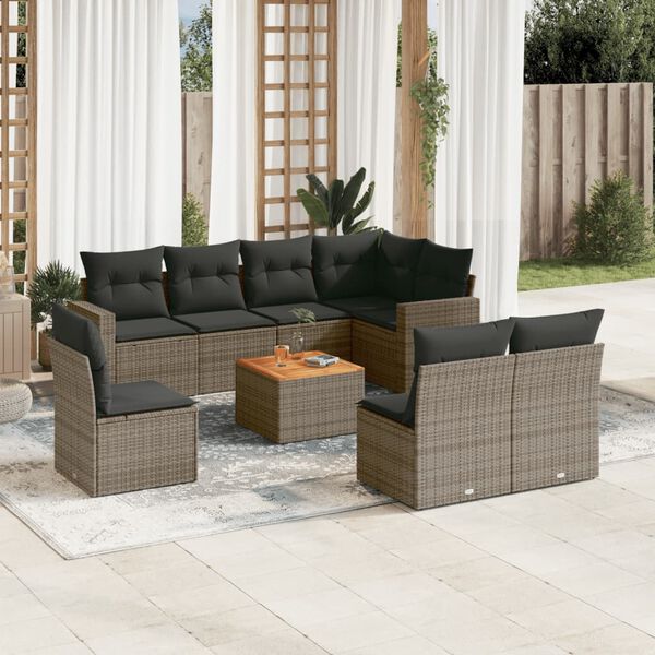 vidaXL Set Divano da Giardino 9 pz con Cuscini Grigio in Polyrattan