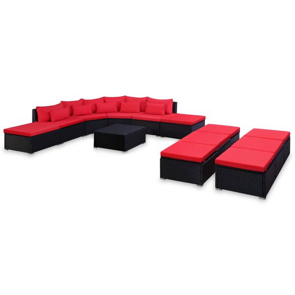 vidaXL Set Divani da Giardino 9 pz con Cuscini in Polyrattan Rosso