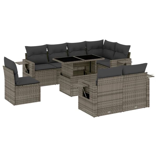 vidaXL Set Divano da Giardino 9 pz con Cuscini Grigio in Polyrattan