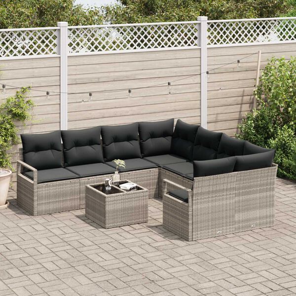 vidaXL Set di divani con cuscino 9 pcs Grigio chiaro e nero polyrattan
