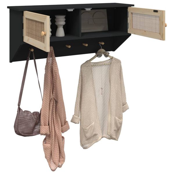 vidaXL Appendiabiti a Muro Nero Legno Multistrato e Rattan Naturale