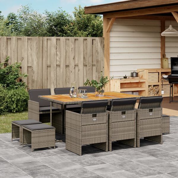vidaXL Set da Pranzo da Giardino 11pz con Cuscini in Polyrattan Grigio