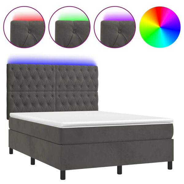 vidaXL Letto a Molle con Materasso e LED Grigio Scuro 140x200 cm