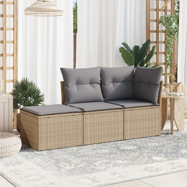 vidaXL Set Divano da Giardino 3 pz con Cuscini Beige in Polyrattan
