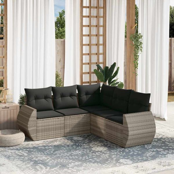 vidaXL Set Divano da Giardino 5pz con Cuscini Grigio Chiaro Polyrattan