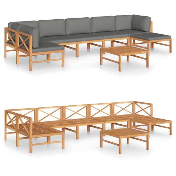 vidaXL Set Divani da Giardino 8pz Cuscini Grigi Legno Massello di Teak