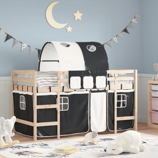 vidaXL Letto a Soppalco con Tunnel Bambini Bianco e Nero 90x190cm Pino